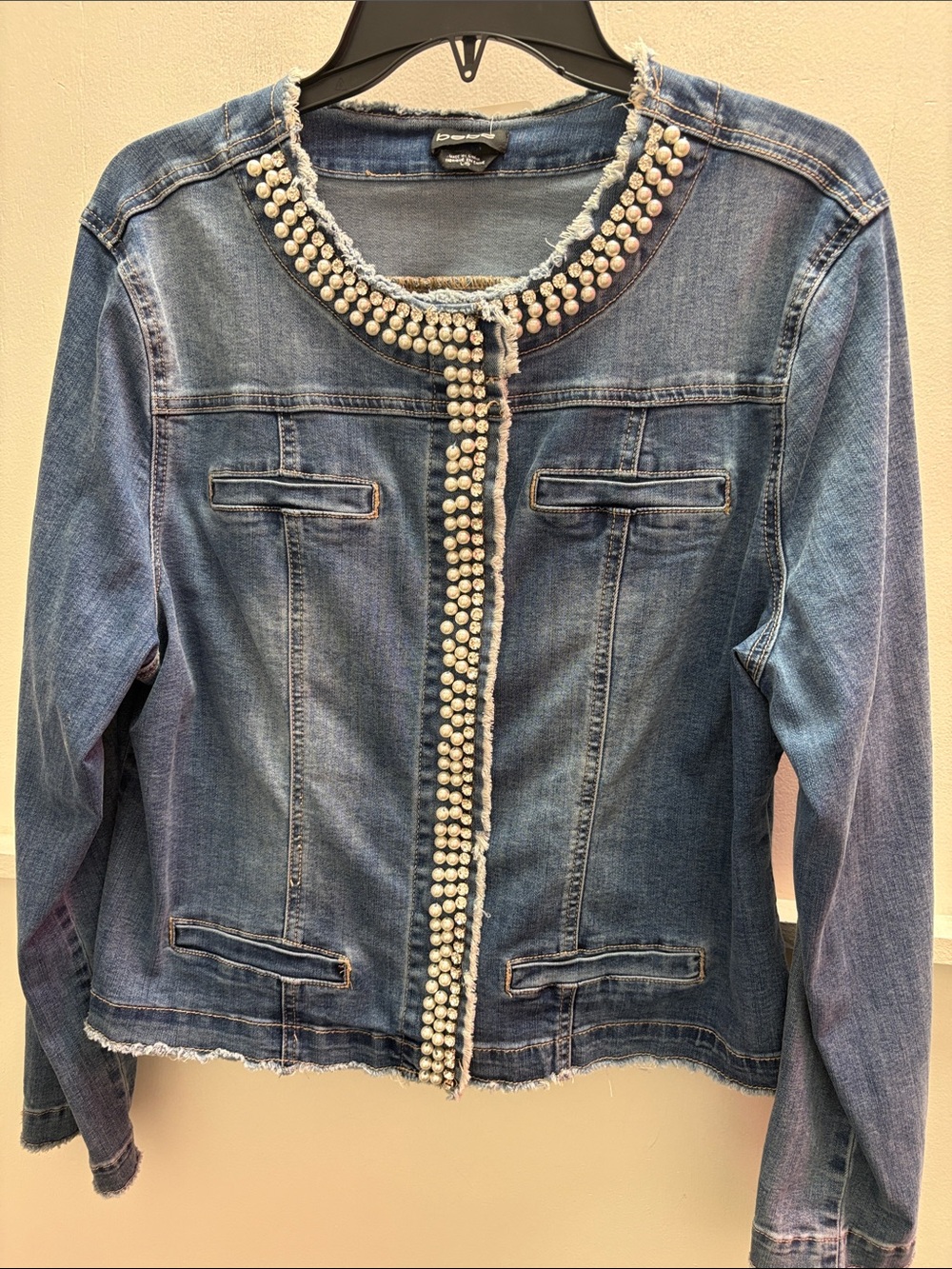 bebe Blue Denim Pearl-Trim Jean Jacket